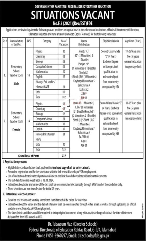Federal Directorate of Education Jobs 2024